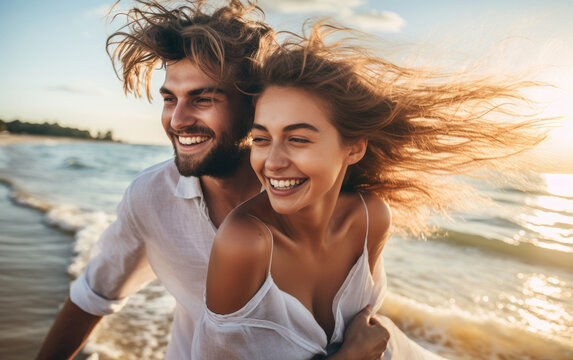 Joyful couple strolls along seashore during beach honeymoon