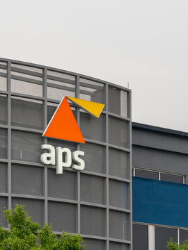 Close up of APS (Alberta Pensions Services Corporation sign in Edmonton, Alberta, Canada - July 14, 2023. APS is a Government Administration. 