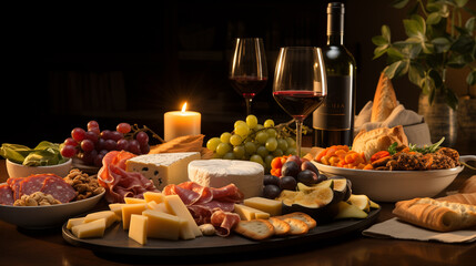 Fototapeta premium table setting for french dinner, with wine and cheese, ai generated