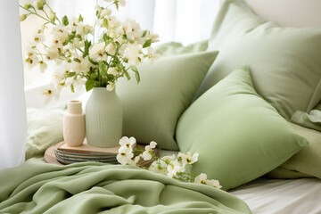 Fototapeta na wymiar a bed with pillows and a bouquet of white flowers, a summer morning. pastel green, beige and white tones.