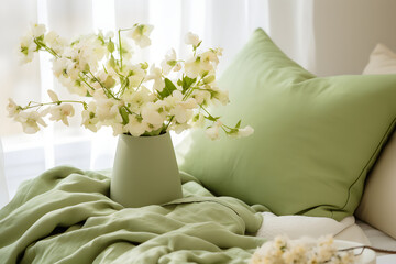 Fototapeta na wymiar a bed with pillows and a bouquet of white flowers, a summer morning. pastel green, beige and white tones.