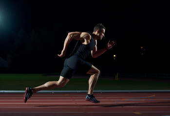 man sprinting running on track starting blocks on the running track, running start - obrazy, fototapety, plakaty