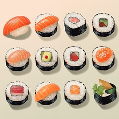 Icons of japanese sushi set, ai