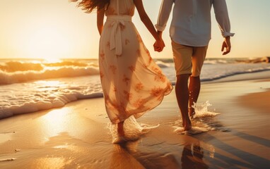 Joyful couple strolls along seashore during beach honeymoon - obrazy, fototapety, plakaty