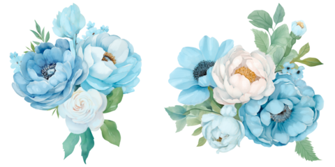 bouquet of flowers for wedding or invitation card in watercolor and blue theme.