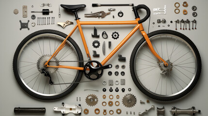 Top view of a disassembled orange bicycle and its various parts laid out neatly - obrazy, fototapety, plakaty