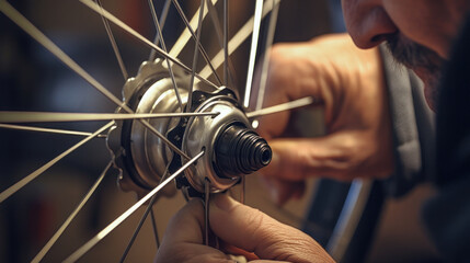 Close-up of a skilled repairer working on a bicycle wheel hub in a workshop