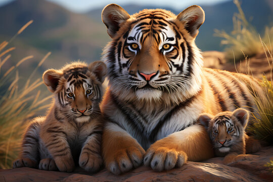 Tiger and Cubs - Fierce and inquisitive, tiger cubs stay close to their mother's side for protection