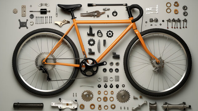 Top view of a disassembled orange bicycle and its various parts laid out neatly