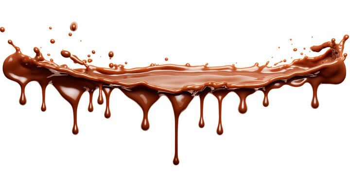 Pouring chocolate dripping from above, positioned at top wide, isolated on transparent background