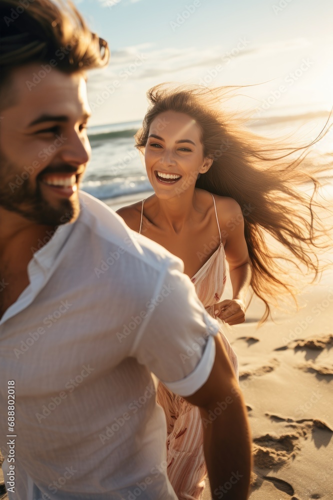 Wall mural joyful couple strolls along seashore during beach honeymoon