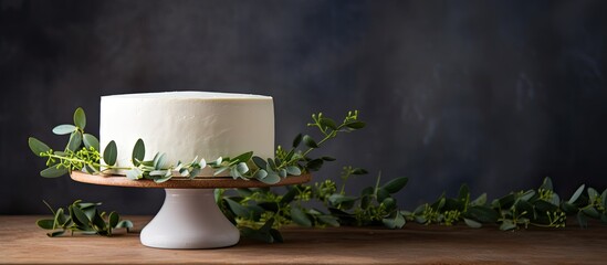 Undecorated white cake on a stand with eucalyptus.