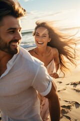 Fototapeta na wymiar Joyful couple strolls along seashore during beach honeymoon