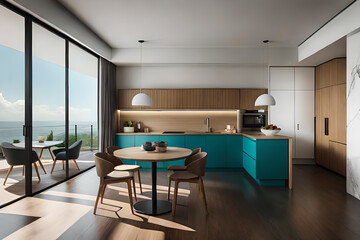 Fototapeta na wymiar Luxury modern and vintage turquoise interior. Marble kitchen island with wooden chockers.