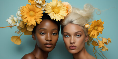 Generative AI image of diverse women adorned with flowers