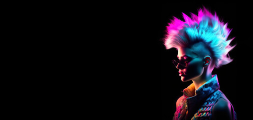 Fashionable profile portrait of a beautiful girl with blonde hair and mohawk in neon light, on a dark background - obrazy, fototapety, plakaty