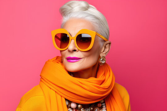 Generative AI image of stylish senior woman with bold accessories