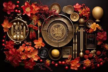 Generative AI image of an opulent asian still life with golden artifacts