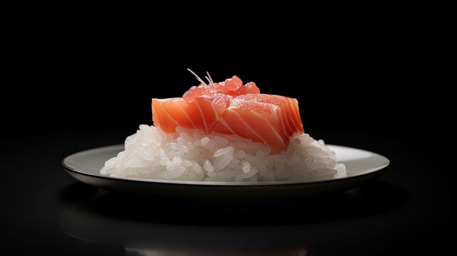 Generative AI image of sushi rice and raw salmon on a plate with dark background