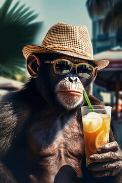 Chilled Chimp with a Drink. Generative AI"