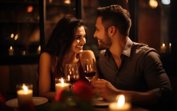 Young couple is enjoying a romantic dinner at a cozy restaurant