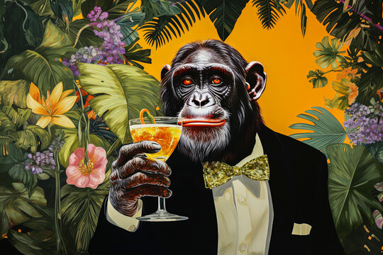 Chimp in Tuxedo with a Glass. Generative AI
