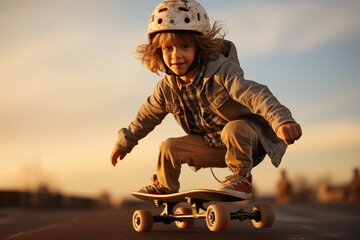 energetic photo of a child performing tricks on a skateboard, exuding a sense of adventure, photo, minimalistic cinematic style