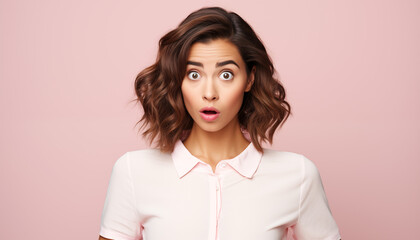 Obraz premium Mujer de cabello castaño con expresión de sorpresa sobre fondo rosa.