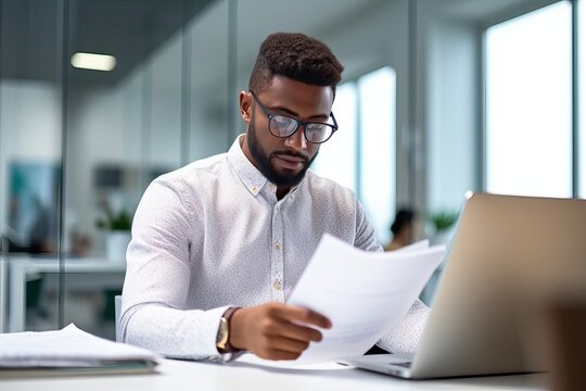 Young busy professional business man checking document working at laptop computer in office. Serious businessman accountant expert reading legal paper company file overview at workplace.
