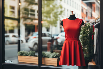 Elegant women's red midi dress on a mannequin in a window display in a shopping center. Little black dress - obrazy, fototapety, plakaty