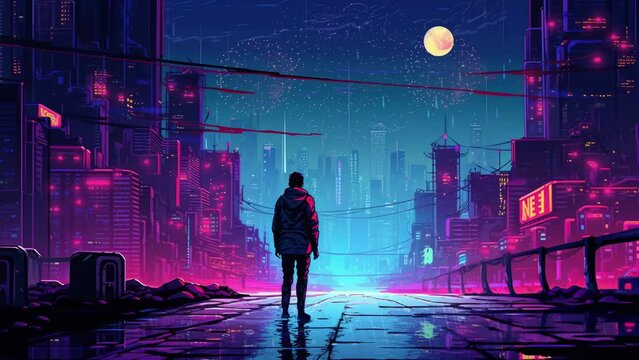 A man standing in the center of the street and looking up at the fireworks, Futuristic cyberpunk synthwave-style background with neon lights, big city rainy night, planets space background 4K