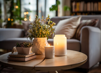 Fototapeta na wymiar burning candles on the table in Scandinavian style. hygge atmosphere with cozy composition.