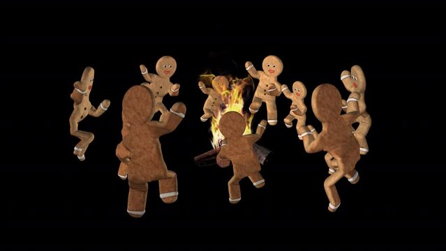 Gingerbread Guys - Party Dance Around Burning Bonfire - Artistic 3D animation loop with alpha channel