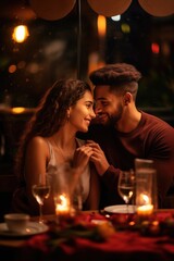 Obraz na płótnie Canvas Young couple is enjoying a romantic dinner at a cozy restaurant