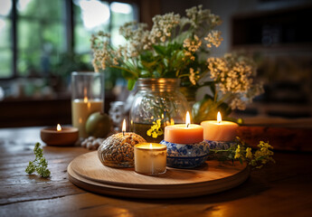 burning candles on a wooden table. magical scandinavian atmosphere with candles on a dark table....