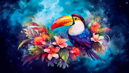 Colorful toucan bird with tropical flowers modern art with splash of paint, drips on bright background. Tropical hornbill paradise travel vacation, cute cartoon exotic jungle graphic resource by Vita - obrazy, fototapety, plakaty