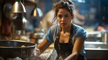 Empleada de restaurante lavando y limpiando la cocina