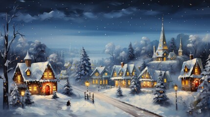 Magical Christmas night scene. Winter village landscape.