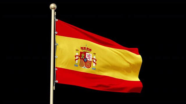 Flag of Spain, looped and seamless. Fabric texture, realistic wind, bottom view. Close-up. Alpha Channel.