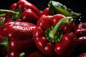 Fresh red pepper seamless background, adorned with glistening droplets of water. Top down view. 