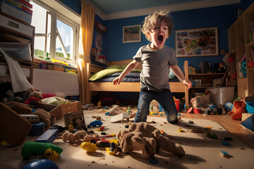 Boy yelling and making a mess in his bedroom. - obrazy, fototapety, plakaty