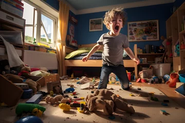 Fotobehang Boy yelling and making a mess in his bedroom. © Rafael
