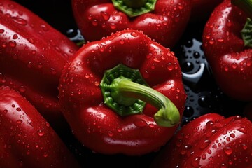Fresh red pepper seamless background, adorned with glistening droplets of water. Top down view. 