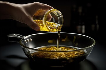 male cook pours sunflower oil from bottle into an empty frying pan standing on stove, close up, realistic