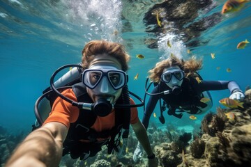 Naklejka na ściany i meble Underwater Adventure: Scuba Divers Exploring Coral Reef with Tropical Fish 