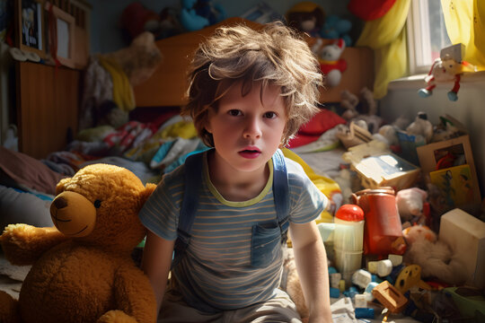 Boy sitting in untidy bedroom.