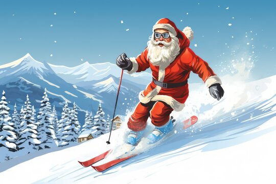 Jovial Santa Claus skiing a snowy hill. T-shirt design graphic.