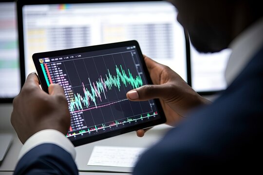 Businessman trader investor broker holding tablet computer analyzing charts bank account market rate, global indexes online forecast on stock exchange digital finances trade platform. Close up