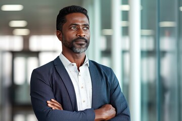 Fototapeta premium Confident bearded business man leader looking away standing in office hallway. Professional businessman manager executive or male employee, investor entrepreneur thinking of future success.