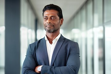 Confident bearded business man leader looking away standing in office hallway. Professional businessman manager executive or male employee, investor entrepreneur thinking of future success.